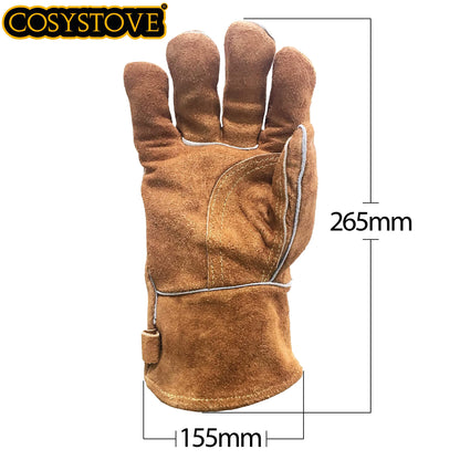 Cosystove Genuine Full Leather Heavy Duty Heat Resistant Gloves for Woodburner, Multi-Fuel Stoves Heavy Duty Safety Gauntlet Also for BBQs Pizza Ovens