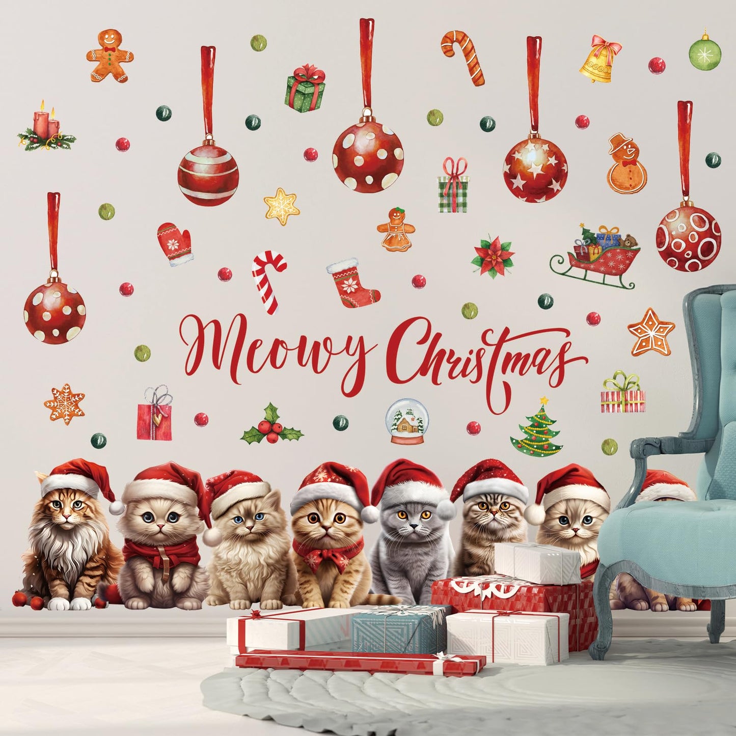 Christmas Cat Wall Decal Merry Christmas Wall Sticker Removable Christmas Cat Wall Decals Decor for Winter Christmas Holiday Party Supplies Home Window Decor