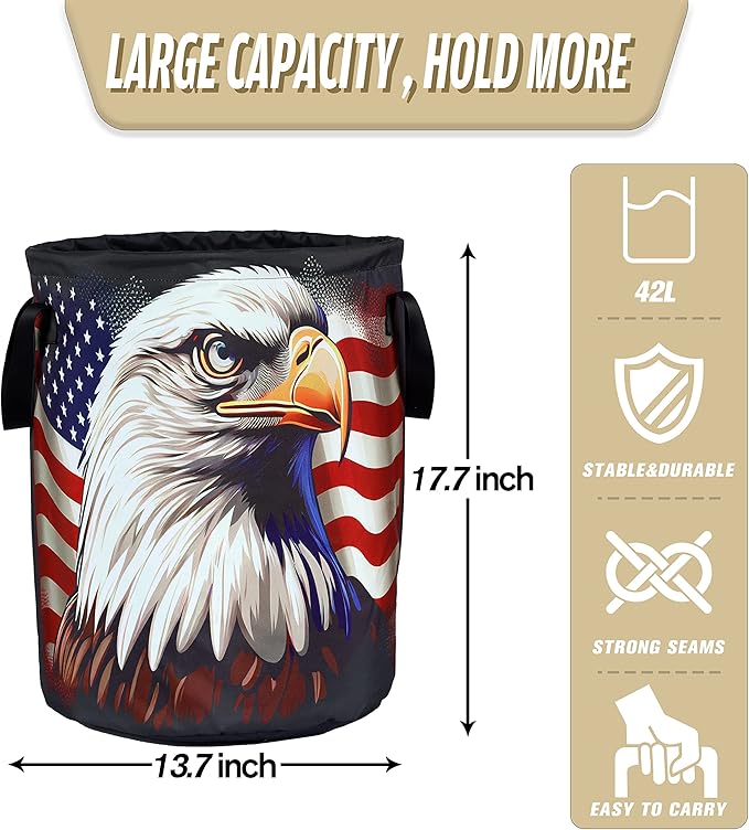 American Flag Eagle Laundry Basket Foldable Oxford Cloth Funny Tote Bag Laundry