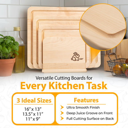 Homestead Set – Premium Maple Wood Cutting Board Set, 3 Professional-Grade Chopping Boards & Wooden Holder, with Juice Grooves, MADE IN USA