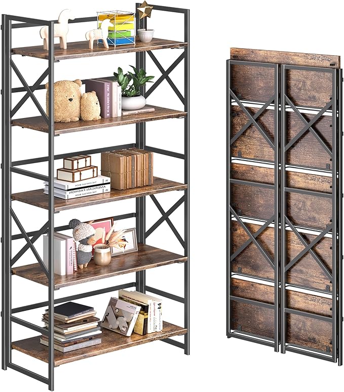 4NM 5 Tiers No Assembly Book Shelves, 51.2" H Folding Bookshelf Bookcase Open