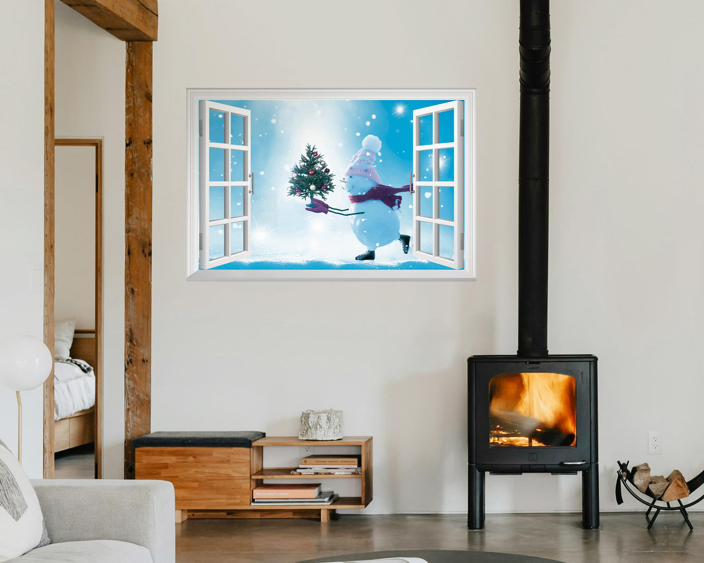 FLFK Fake Window Wall Mural - Snowman Holding a Christmas Tree Faux Window Wall Sticker for Wall Decor, Peel and Stick Wall Decals,48"x32",Set of 2 Sheets
