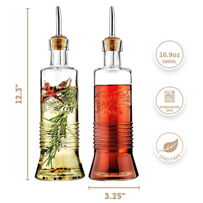 MosJos Original Mason Oil and Vinegar Dispenser Set - 17 oz Glass Olive Oil & Vinegar Cruet Set - Non-Drip, BPA-Free, Dishwasher Friendly Bottles with Stainless Steel Spouts