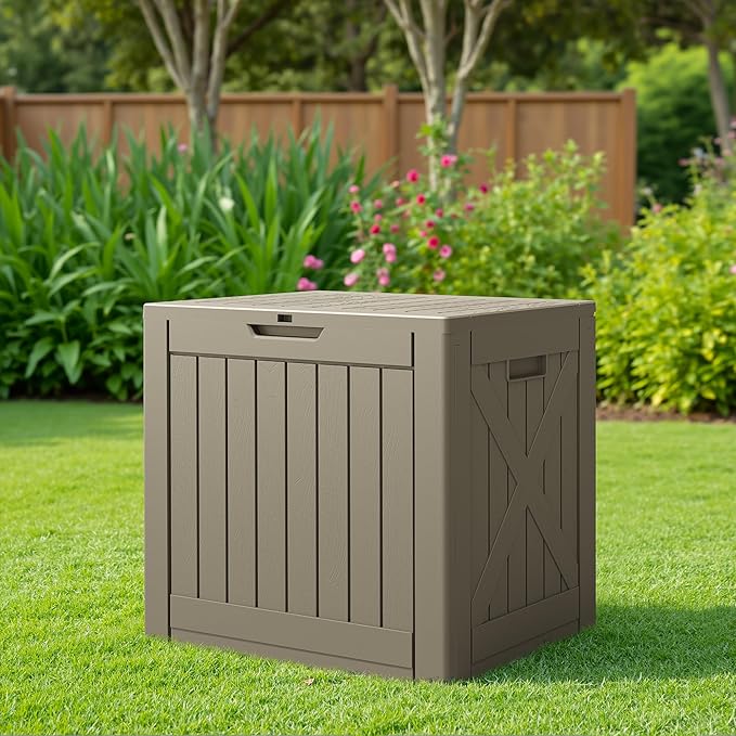 JUMMICO 42 Gallon Deck Box Waterproof, Resin Outdoor Storage Box with Side Handles, Outdoor Storage Benches Lockable for Patio Cushions and Garden Tools (Light Brown)