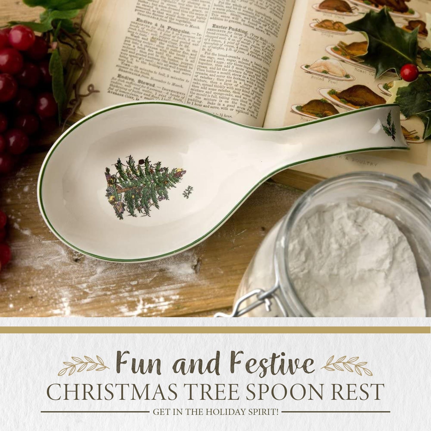 Spode Christmas Tree Spoon Rest, 12-Inch Festive Cooking Utensil Rest, Christmas Spatula & Ladle Holder for Kitchen Countertop, Fine Earthenware, Dishwasher Safe Holiday Kitchen Accessory