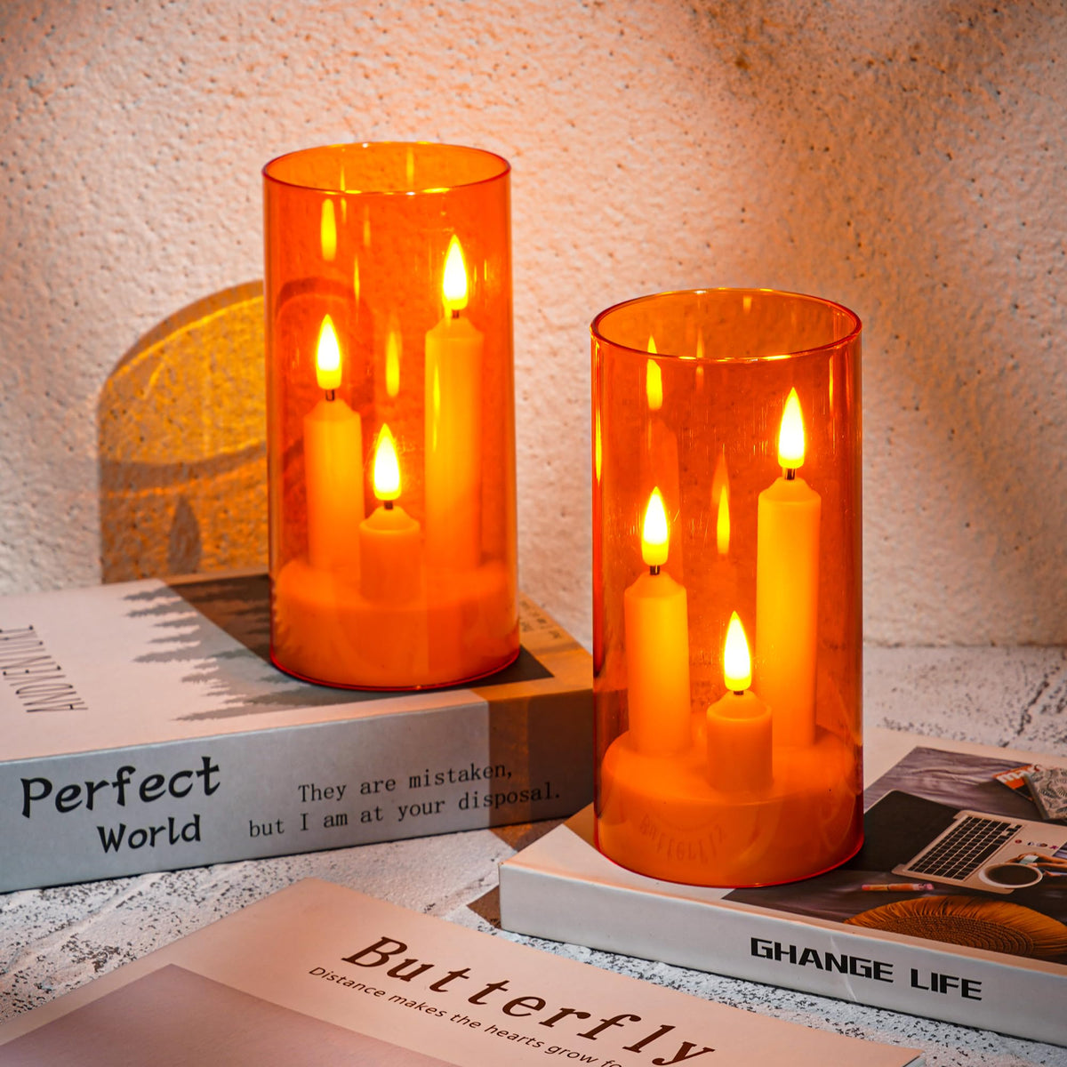 Da by 2 Pack 3D Wick Flameless Taper Candles, Orange Transparent Acrylic Cover, Remote Control Flickering LED Electric Candles, Battery Operated for Halloween Thanksgiving Christmas Home Decor.