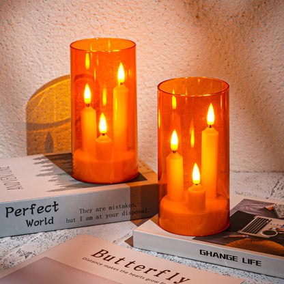 Da by 2 Pack 3D Wick Flameless Taper Candles, Orange Transparent Acrylic Cover, Remote Control Flickering LED Electric Candles, Battery Operated for Halloween Thanksgiving Christmas Home Decor.