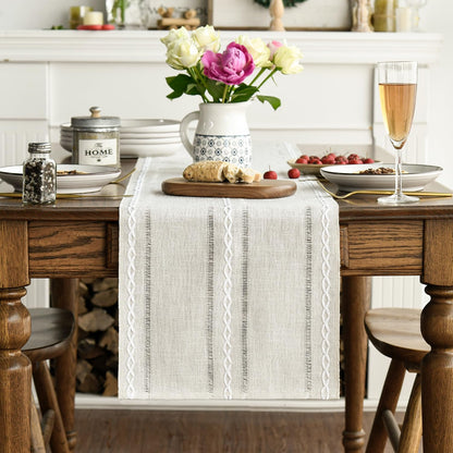 Artoid Mode Beige Rustic Cotton Linen Table Runner, Seasonal Embroidered Hollow Kitchen Dining Table Decoration for Home Party Decor 13x72 Inch