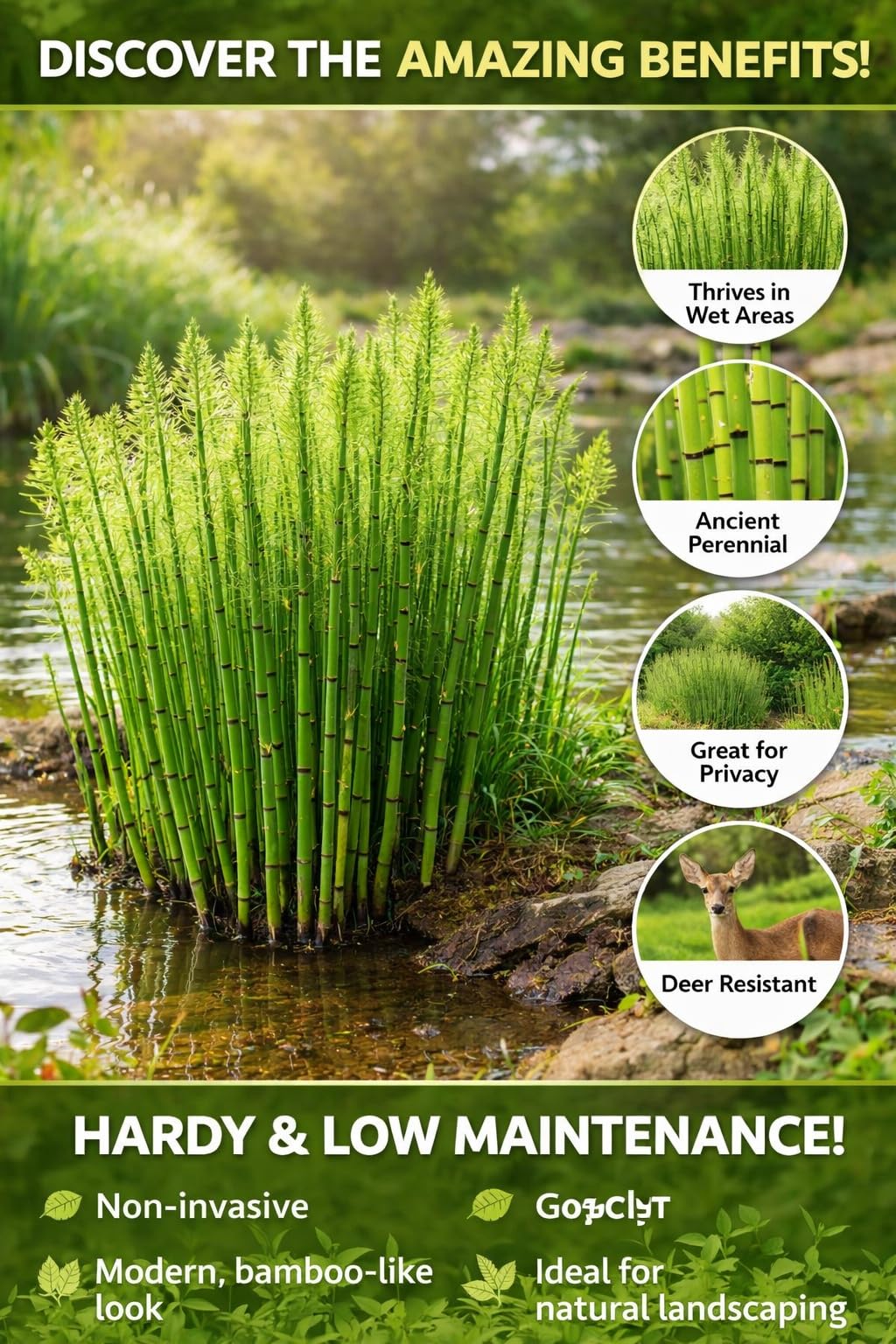 Horsetail Plant Cuttings (Equisetum Hyemale) – Live Rooted Starts for Ponds & Wet Areas – Hardy Perennial, Easy to Grow – Natural Privacy & Water Garden Plant (6 Cuttings)