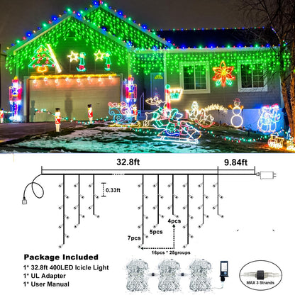 Icicle Lights for Outside - 33FT 400 LED Icicle Christmas Lights Outdoor with 75 Drops 8 Modes Timers, Waterproof Connectable Hanging Lights for Indoor House Eaves Yard Party Decorations, Green
