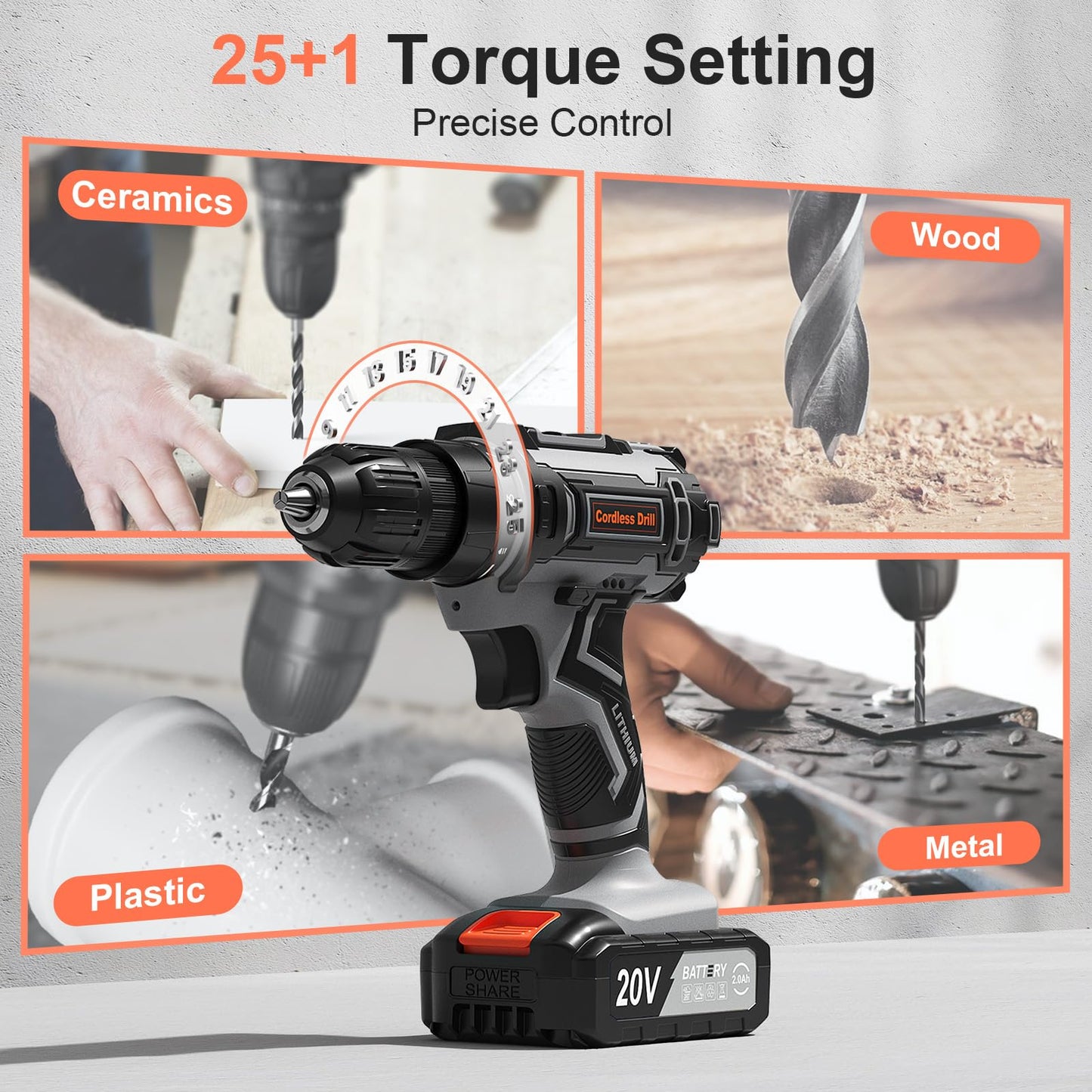 VIWKO Cordless Drill, 20V Electric Combi Drill Set with 86 Accessories, 2.0Ah Rechargeable Battery Hand Drills, Electric Screwdriver 370 in-lb 25+1 Torque 2 Speed, Power Tools for DIY & Home Projects