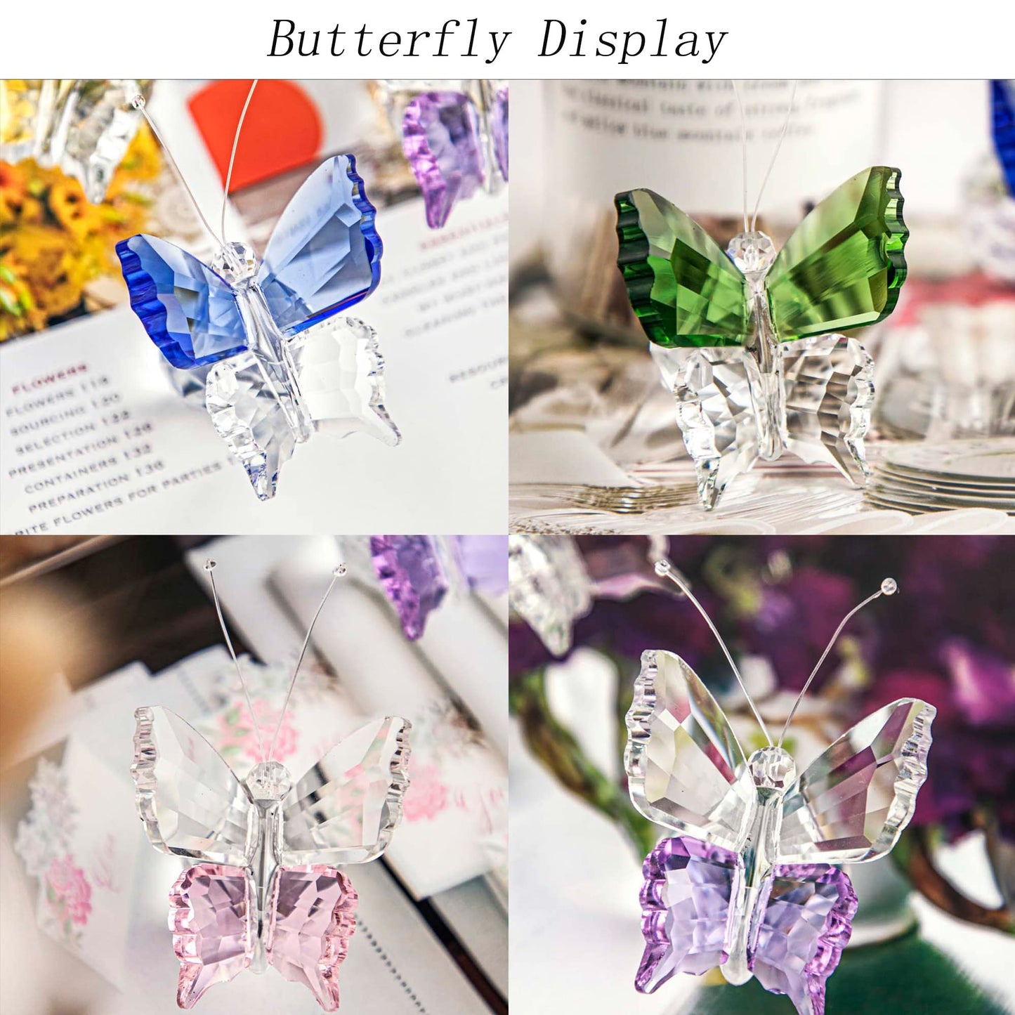 H&D HYALINE & DORA Set 8pcs Crystal Flying Butterfly with Ball Base Figurine Cut Glass Ornament Statue Animal Figurine Collection Home Wedding Office Table Decorations
