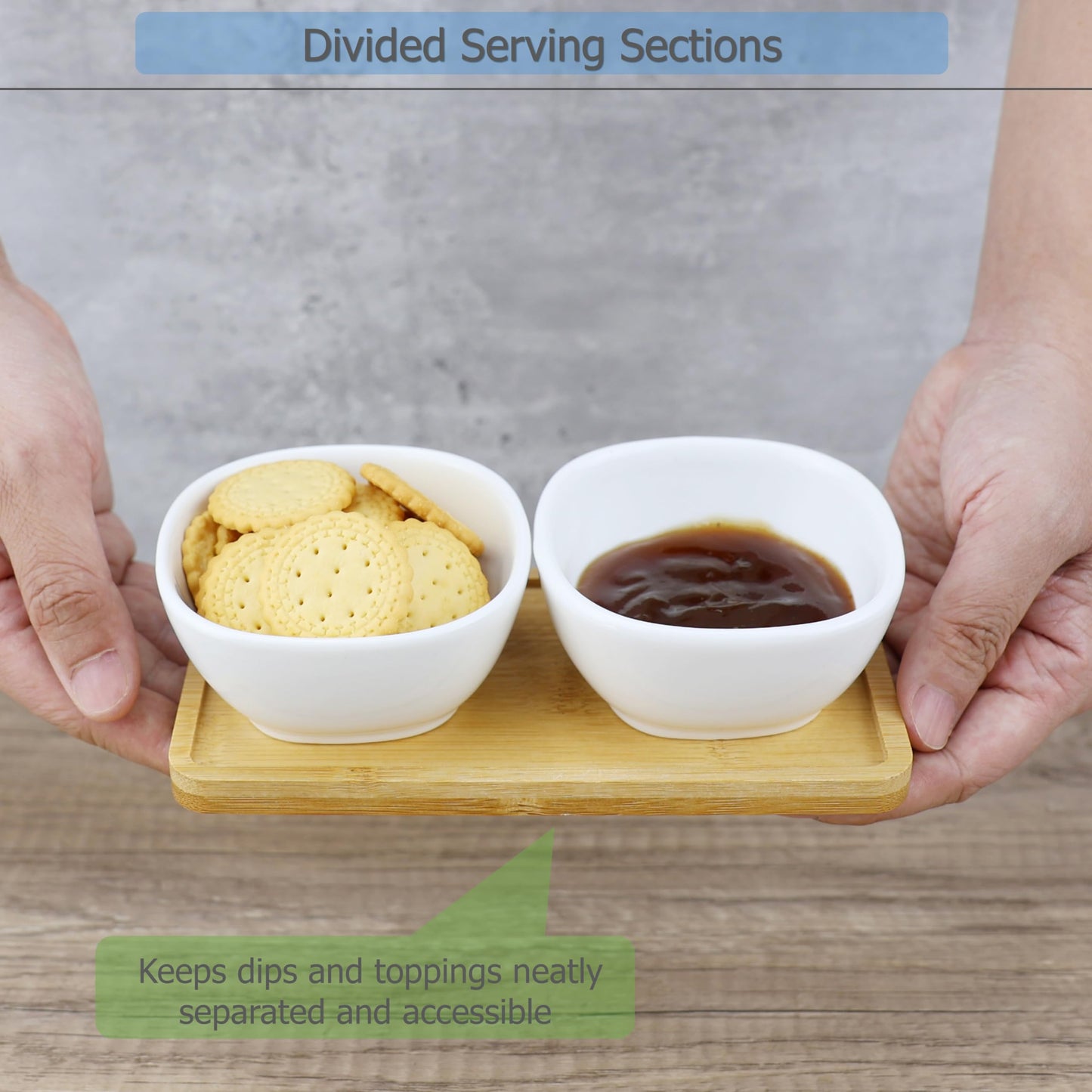 EIKS Ceramic Dip Bowls Side Dishes with Wooden Tray for Serving Appetizer Nuts Candy Snack Sauce Sauce Seasoning