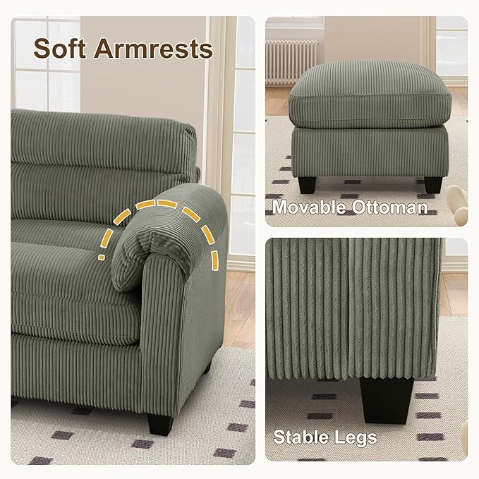 HAOMARKETS Corduroy Sofa Set, Upholstered Armchair, and 3-Seater Couch