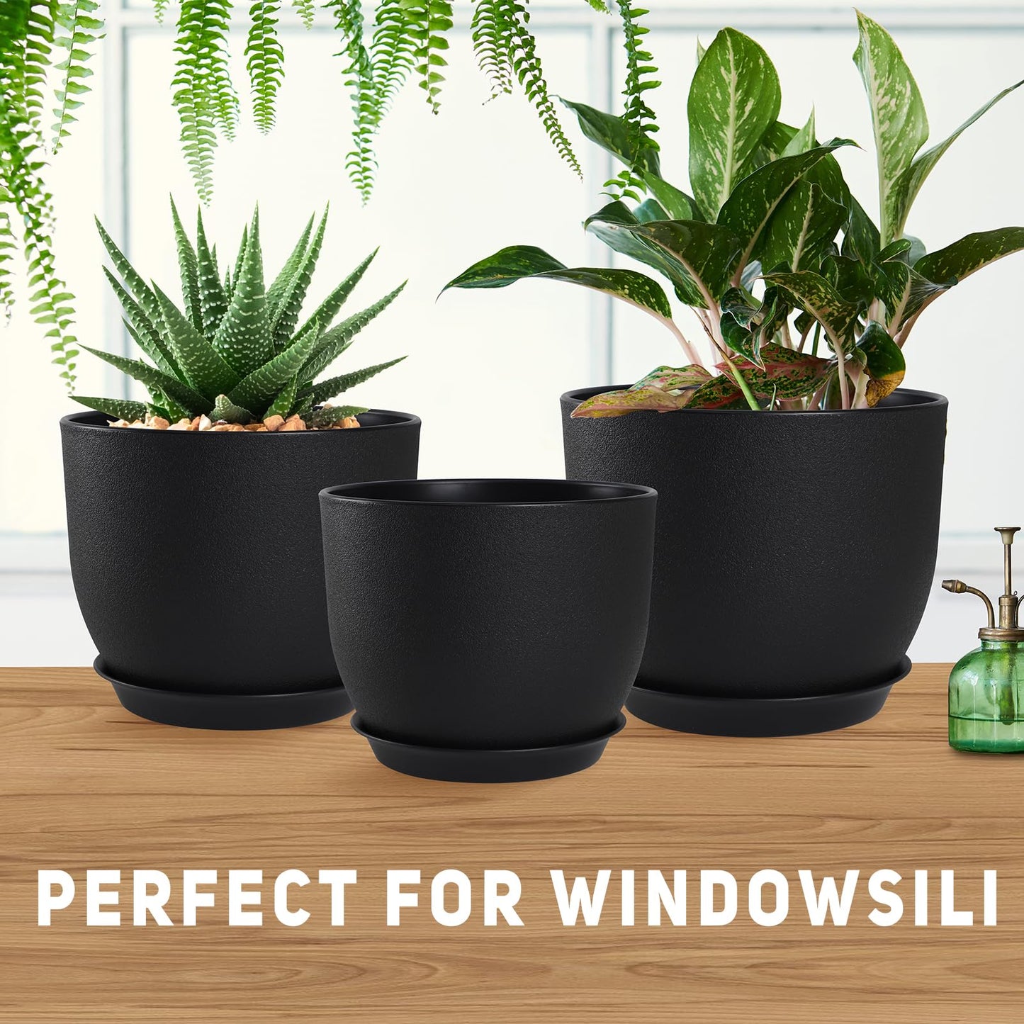 YNNICO Plant Pots 10/9/8/7.5/7 inch Set of 5,Flower Pots with Multi Mesh Drainage Holes, Large Planters for Indoor Outdoor Garden Plants and Flowers. (Black)