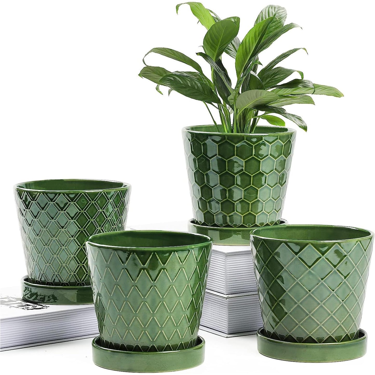 BUYMAX Plant Pots Indoor –5 inch Ceramic Flower Pot with Drainage Hole and Ceramic Tray - Gardening Home Desktop Office Windowsill Decoration Gift, Set of 4 - Plants NOT Included (Patina)