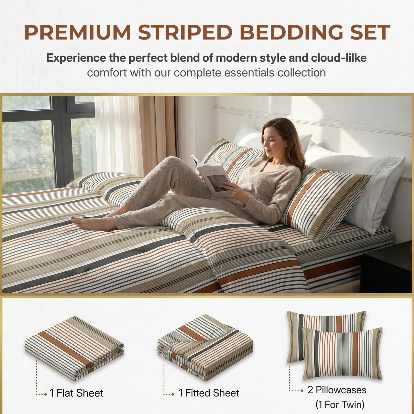 HCORA Striped Queen Sheet Set, Ultra Soft Double Brushed Microfiber Bed Sheets, Deep Pocket, Breathable, Wrinkle Resistant, Easy Care, 4PC, Queen Size