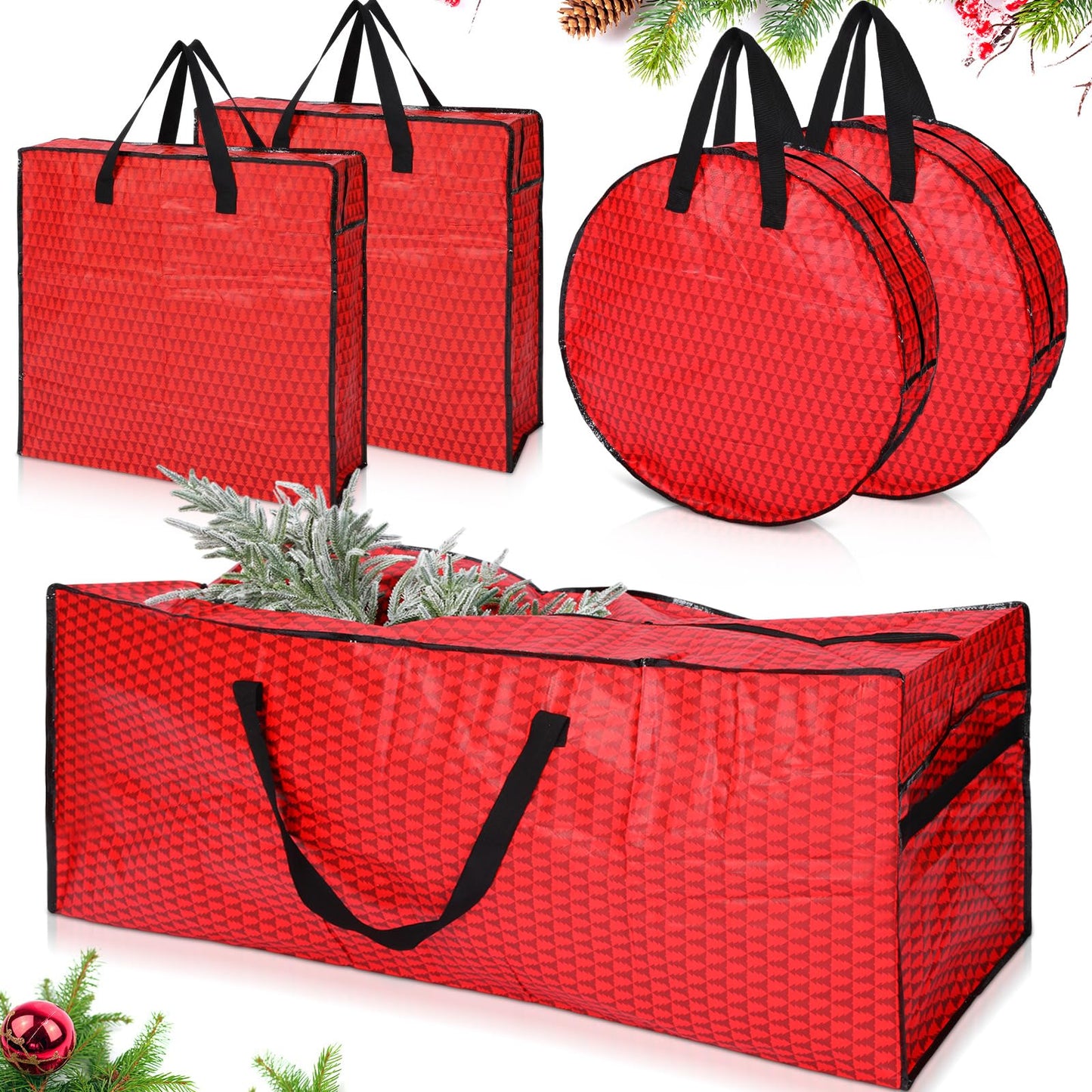 Simgoing 5 Pack Christmas Storage Bags Red, 7.5 ft Christmas Tree Large Bag, 24" Wreath Containers and 25" Garland Packing Tote Moving Bags with Handle Zipper for Artificial Xmas Tree Wreath Garland