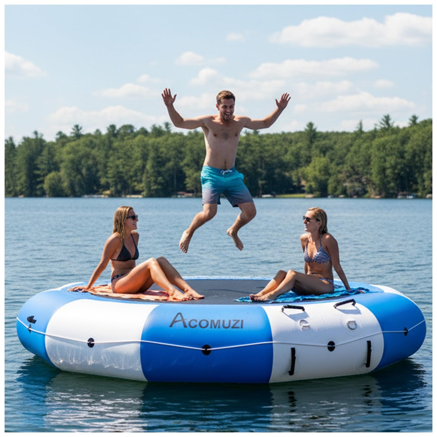 ACOMUZI Inflatable Water Trampoline for Lake Pool Ocean, 10FT/12FT/15FT Heavy Duty Floating Bounce Swim Platform with Ladder & Ropes, Inflatable Floating Dock for Family (NO Pump)
