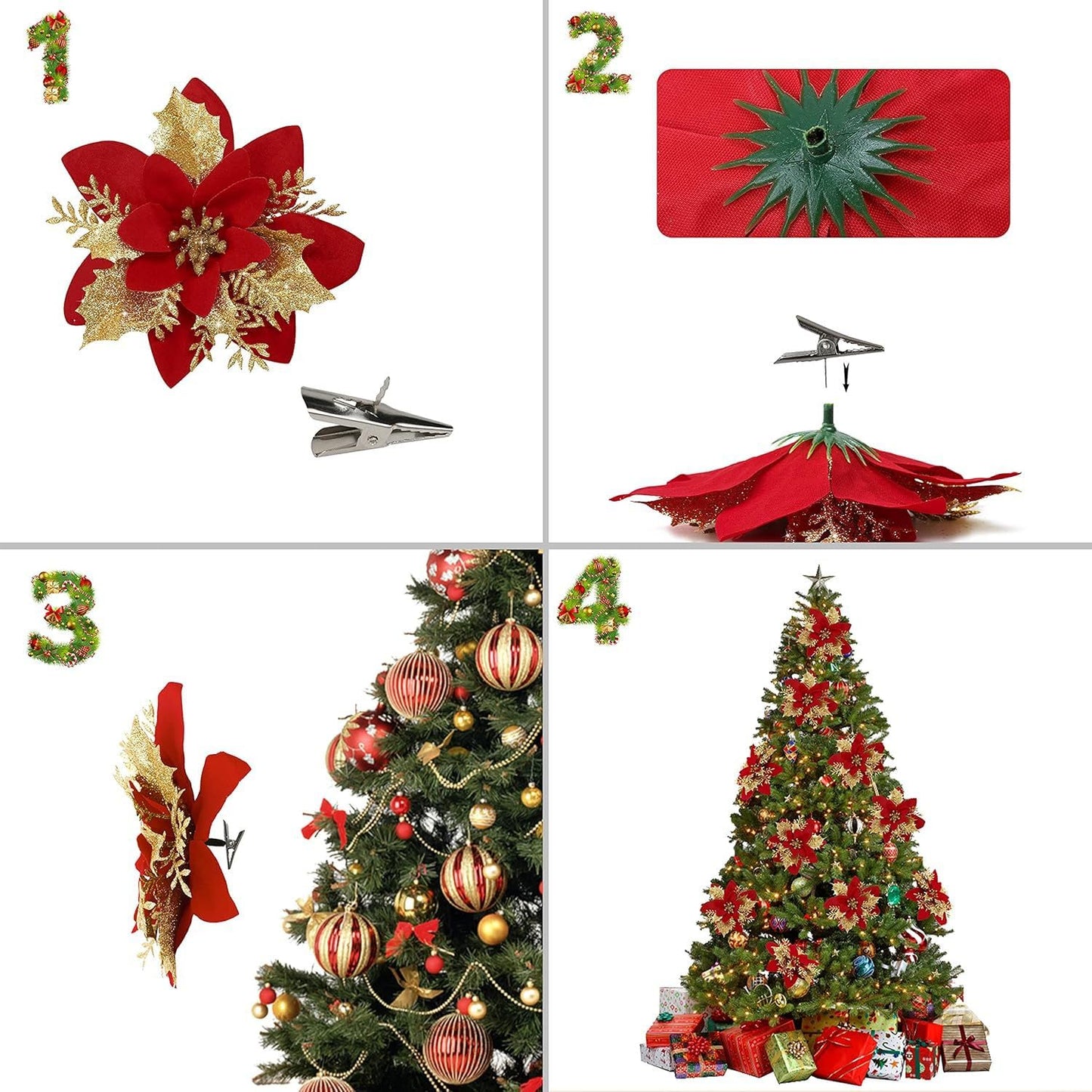 werdecade 12-Pack Christmas Flower Picks, Gold Red Glitter Poinsettia Floral Stems with Alligator Clips for Wreaths, Xmas Tree Decor, Holiday Arrangements (red Silver)