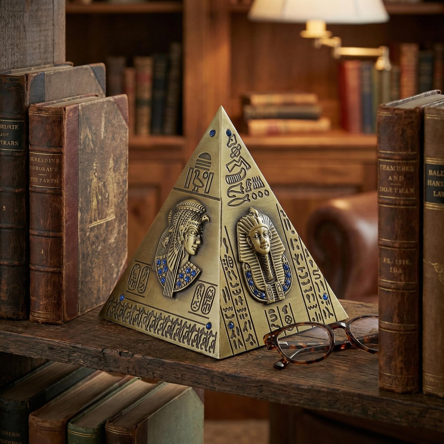DECHOUS Egyptian Decor Pyramid Statue - Small Metal Ancient Egypt Meditation Pyramid Ornament Gifts for Souvenirs Home Office Building Model, 8.7 Inch