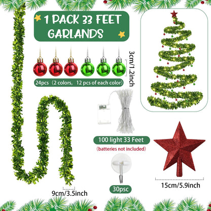 Daifunli Christmas Tree Wall Light Decoration DIY Wall Hanging 33 ft Garland Xmas Glitter Ball Ornaments Christmas Star Tree Topper for Xmas Outdoor Indoor Home Decor(Green)
