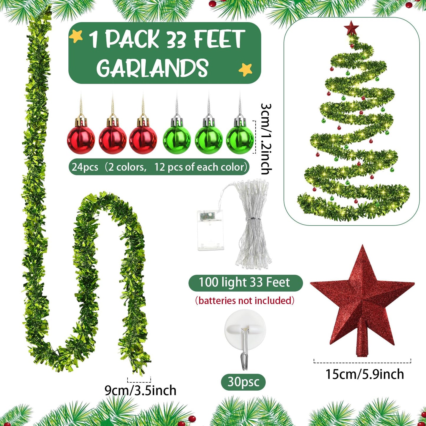 Daifunli Christmas Tree Wall Light Decoration DIY Wall Hanging 33 ft Garland Xmas Glitter Ball Ornaments Christmas Star Tree Topper for Xmas Outdoor Indoor Home Decor(Green)