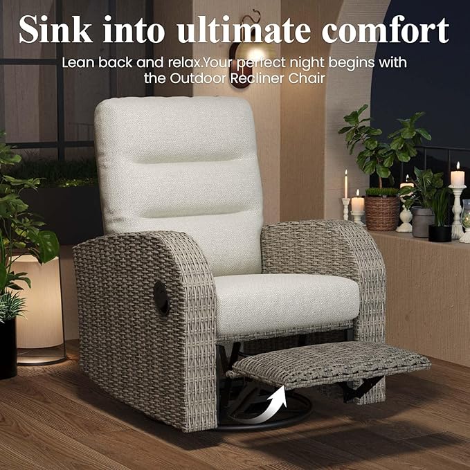 LayinSun Oversized Wicker Outdoor Swivel Glider Recliner with Adjustable Backrest & Footrest, Patio Reclining Lounge Chair - Set of 2