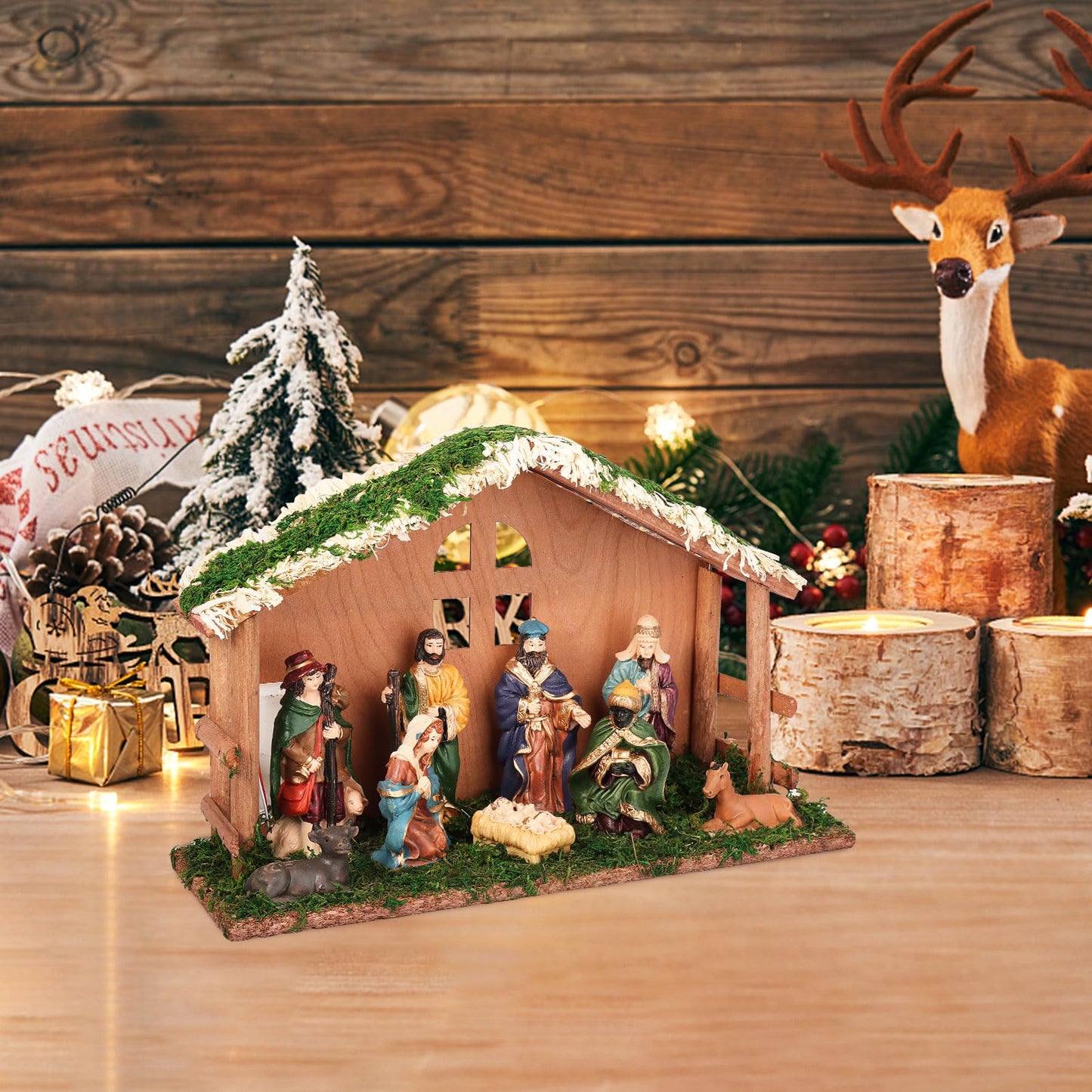 PALZIK Lighted Christmas Nativity Set, Nativity Sets for Indoor with Wooden Stable, Nativity Scene Set & Figures for Christmas Decorations Indoor Tabletop Decorations