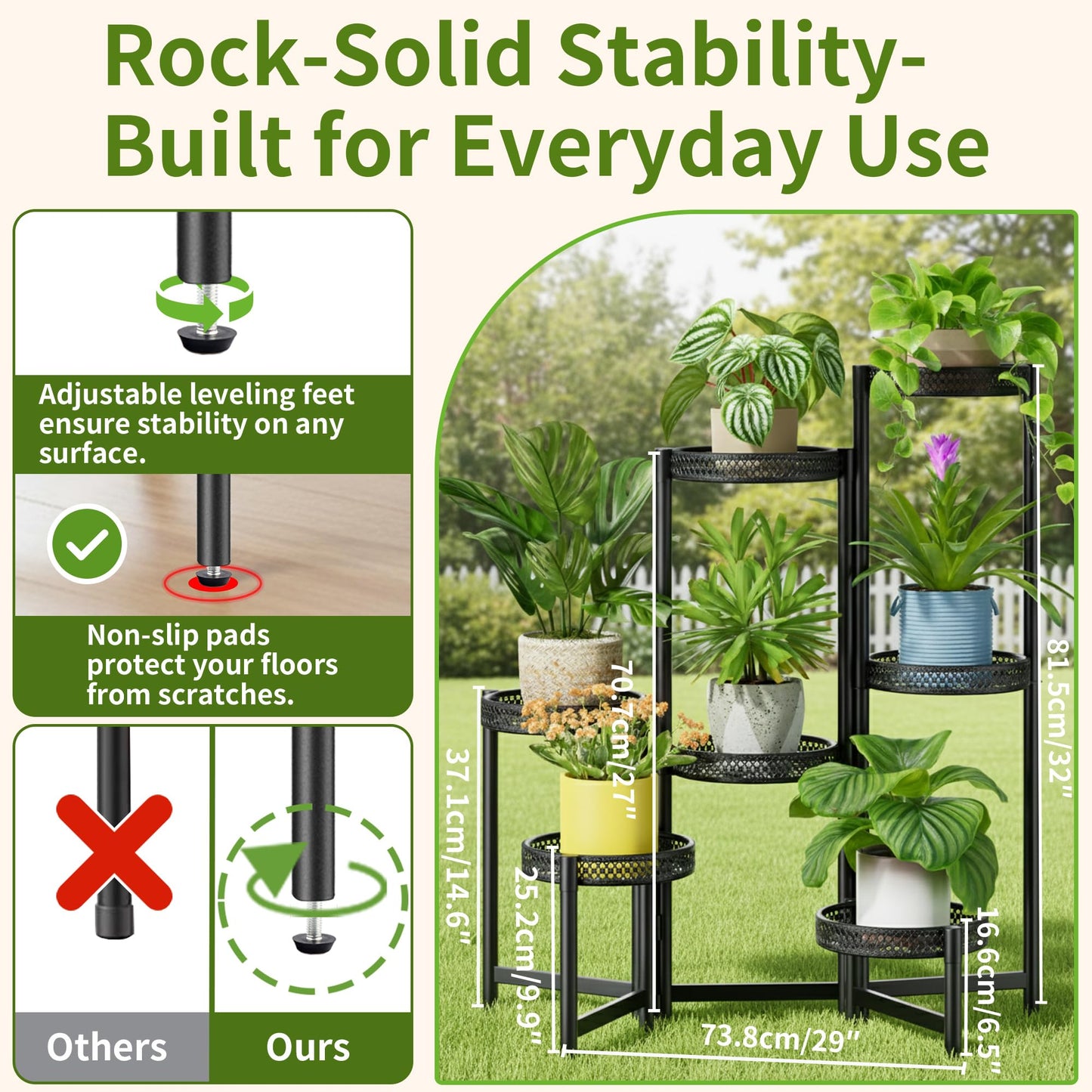 NQW 7 Tier Large Metal Plant Stand Indoor Outdoor with 7.9 Inch Wide Tray, Tiered Corner Plant Stand, Flower Display Holder Shelf, Folding Tall Rack for Patio Porch Balcony Living Room Garden - BlackWave