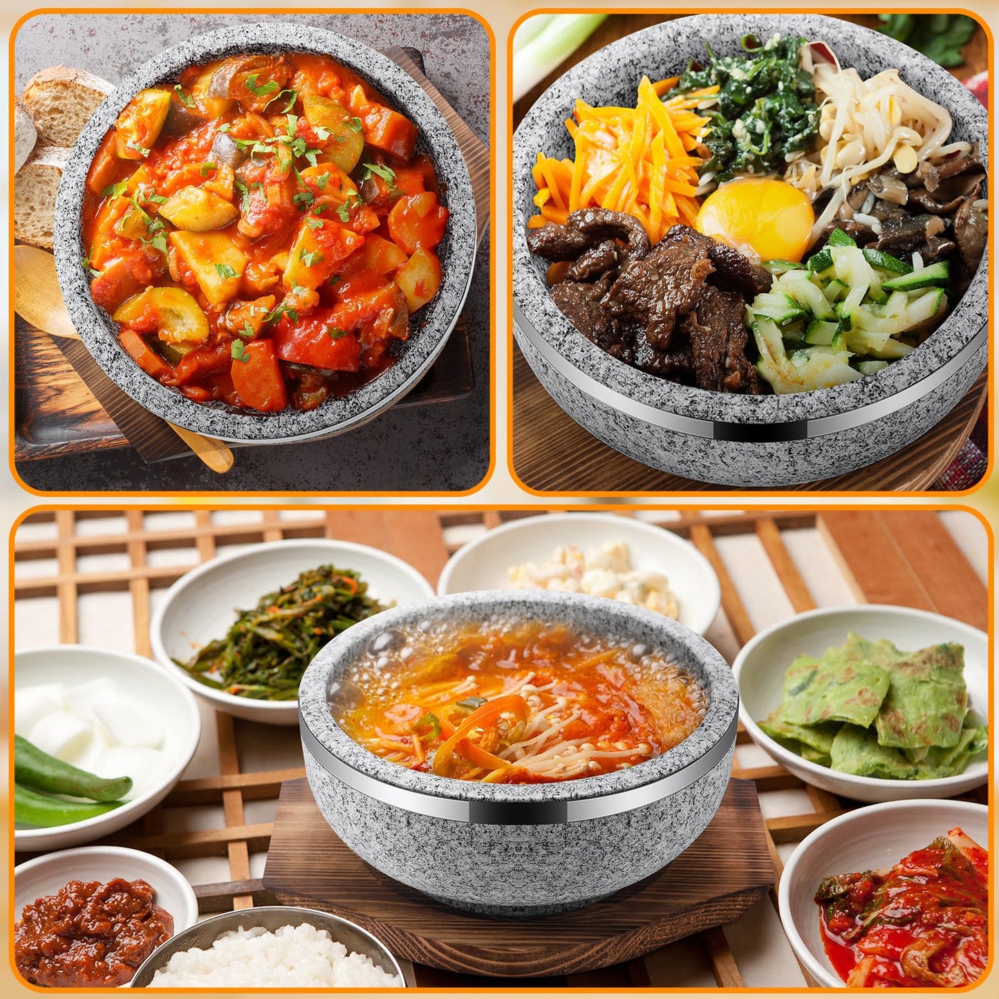 Lallisa 2 Set Dolsot Bibimbap Stone Bowl with Wood Base and Aluminum Tongs Dolsot Pot Stone Bowls Sizzling Hot Pot for Korean Restaurants, Soup, Rice, Stew(32 oz)