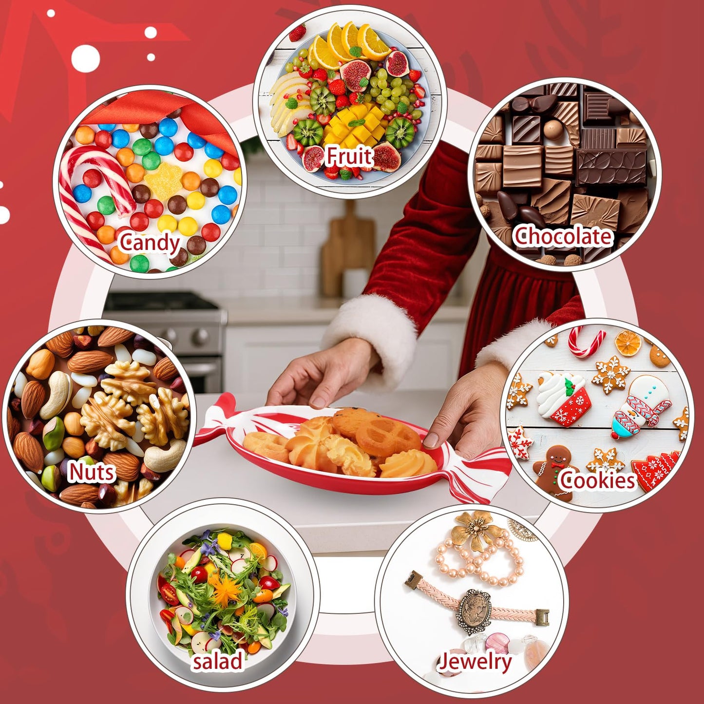 Teenyyou 2 Pcs Christmas Candy Dish Melamine Christmas Serving Tray Fruit Dessert Cookie Plates for Xmas Holiday Party Favor Dishwasher Safe