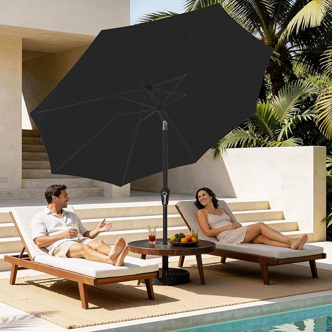 MEWAY 9ft Patio Umbrella Outdoor Table Umbrellas with Push Button Tilt and Crank, Market Umbrella 8 Sturdy Ribs for Deck, Garden, Pool and Backyard, Black