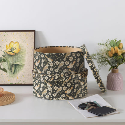 Soul & Lane Large Oval Cardboard Decorative Storage Boxes with Lids - Midnight Blossom Serenade, Set of 2 Cardboard Boxes for Flowers and Gifts, Nesting Memory Containers for Keepsakes and Organizing