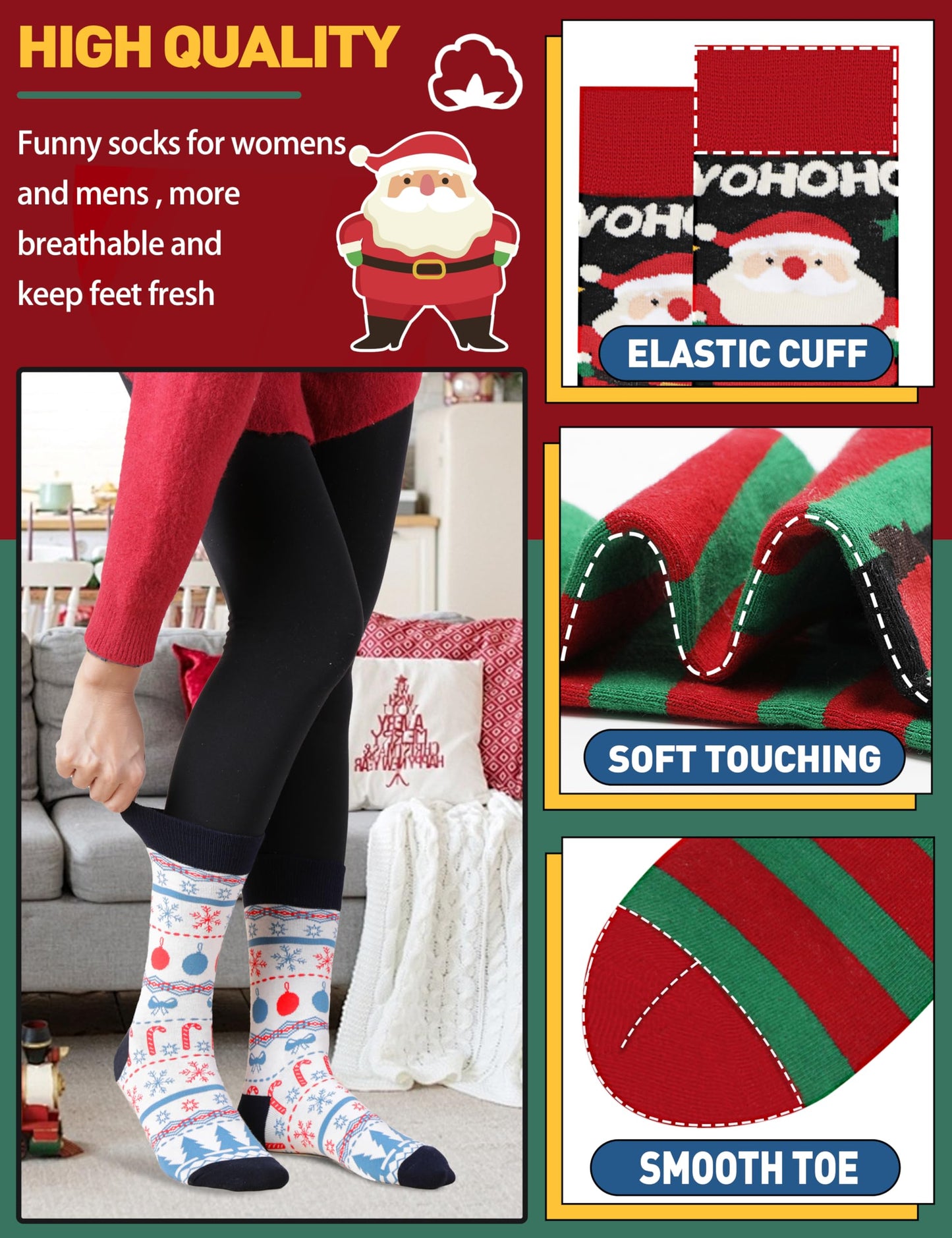 MOGGEI Funny Christmas Socks Fun Cozy Crazy Cute Novelty Fashion Gift Breathable Cotton Boot Socks Stocking Stuffers(Christmas Style(12 Pairs),L)