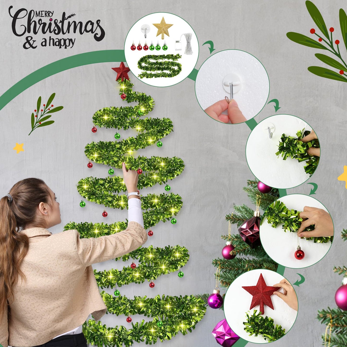 Daifunli Christmas Tree Wall Light Decoration DIY Wall Hanging 33 ft Garland Xmas Glitter Ball Ornaments Christmas Star Tree Topper for Xmas Outdoor Indoor Home Decor(Green)