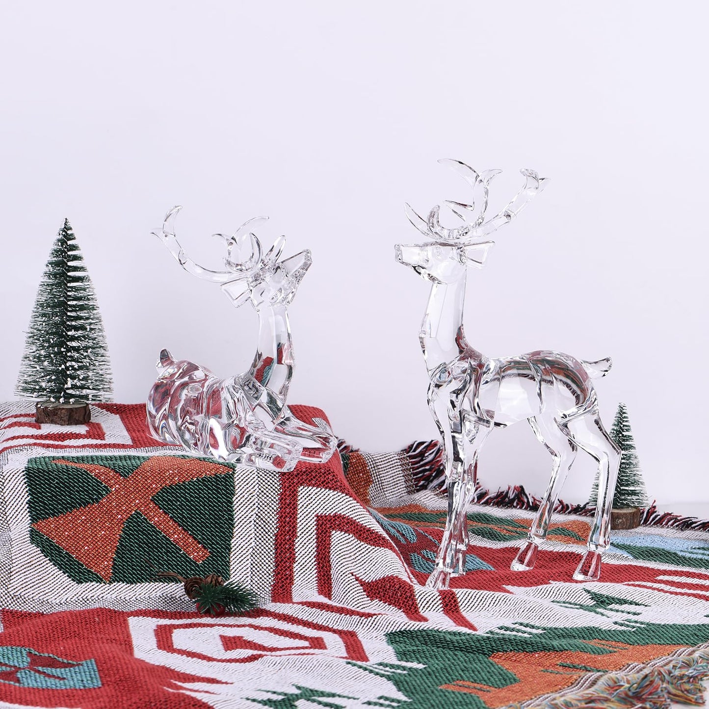 Deluxe Acrylic Christmas Deer Figurines Set of 2, White Clear Reindeer Figurines, Deer Statue and Sculpture for Holiday Reindeer Christmas Indoor Decoration Table Top High End Clear Crystal Finish