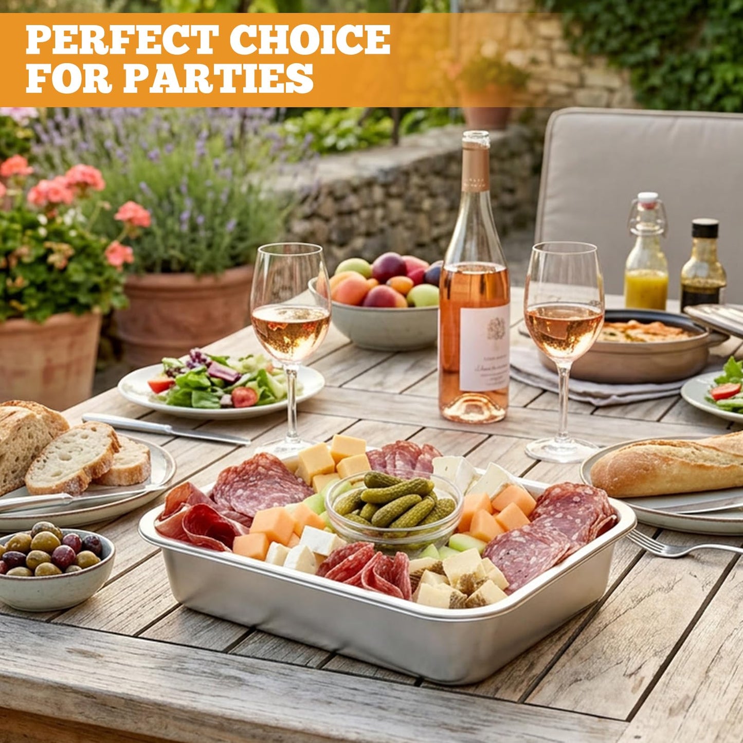 2 Set Stainless Steel Chilled Serving Tray with Compartments 15.7” x 11.8” Ice Chilled Tray Set for Parties Rectangle Veggie Platter Charcuterie Serving Board for Fruit Seafood Appetizer