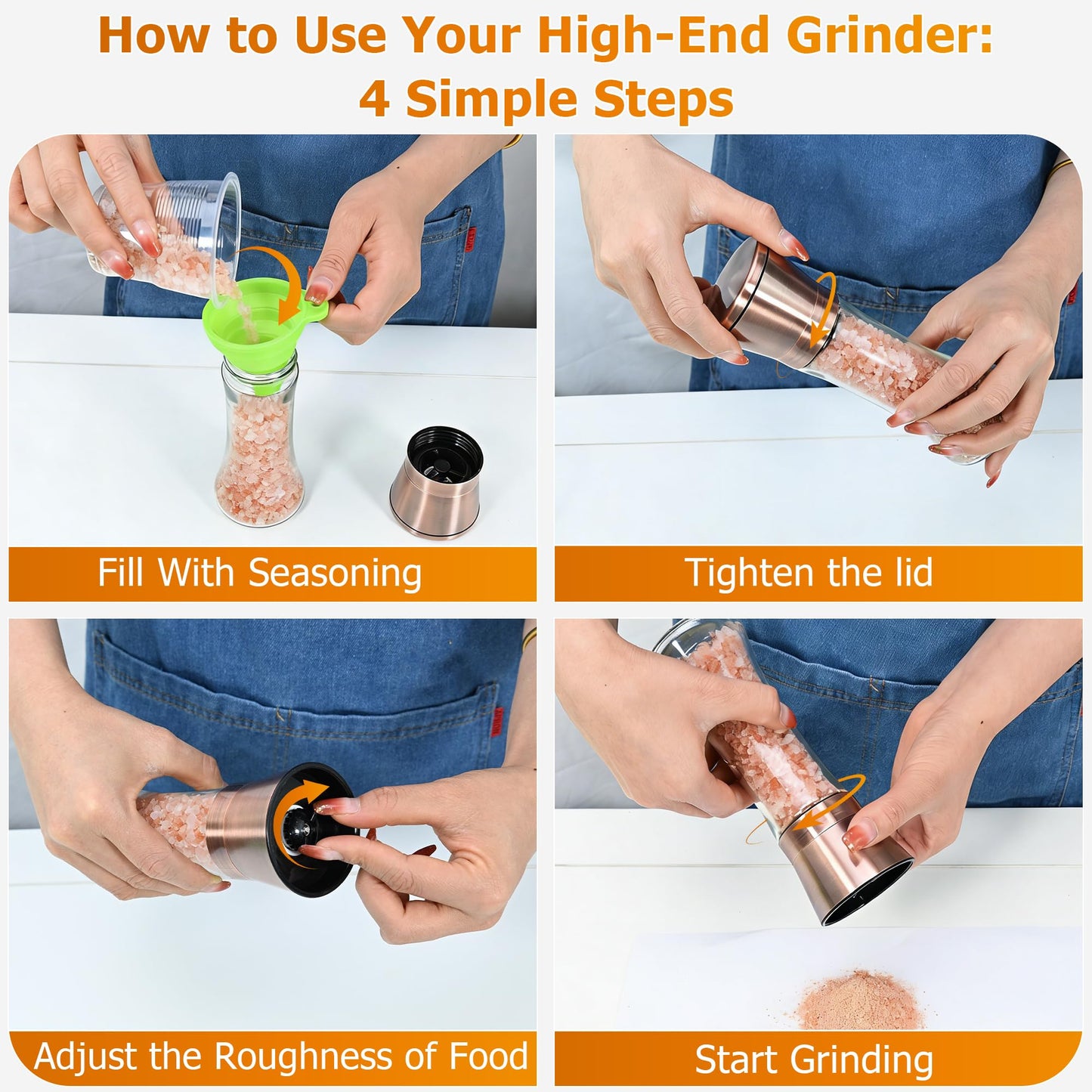 R DRURLCD Copper Salt and Pepper Grinder Set of 2，Refillable Adjustable Coarseness Stainless Steel, Pepper Mills W/Funnel for Kitchen