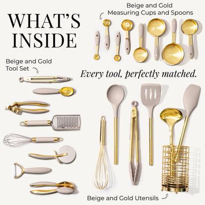 White & Gold Cooking Utensils Set - Luxe 8-Piece Kitchen Gadget Set Includes Can Opener, Tongs and Garlic Press - Stylish White and Gold Kitchen Accessories for Modern Kitchens, Ideal for Gifting