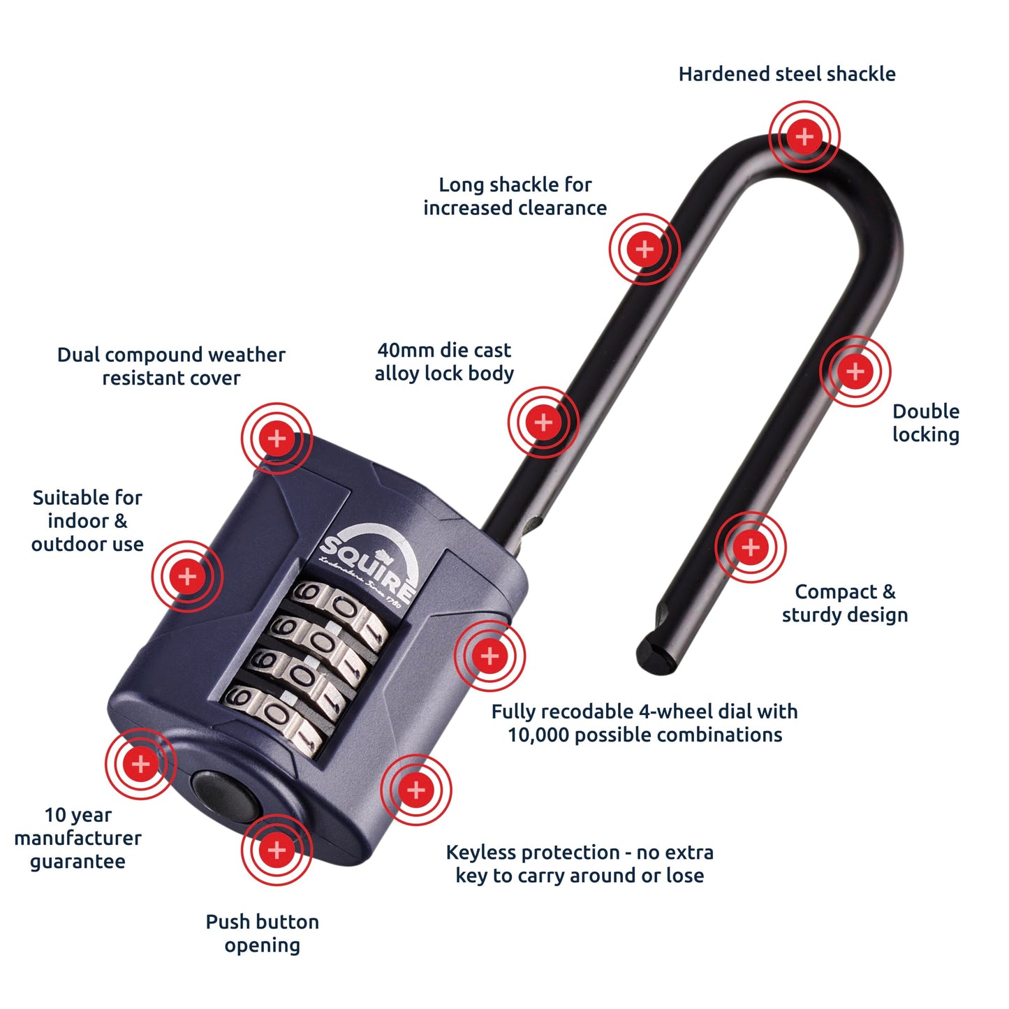 Squire Heavy Duty Padlock (CP40/2.5) - Toughest Extra Long Shackle - 4 Wheel Combination Padlock - Alloy Steel for Corrosion Resistance - Weatherproof Lock for Home, School & Shed (Blue, 40 mm)