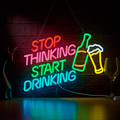 Stop Thinking Start Drinking Bar Neon Sign for Bar Sign Wall Décor with Dimmable Switch for Beer Pub LED Neon Signs Light Decor