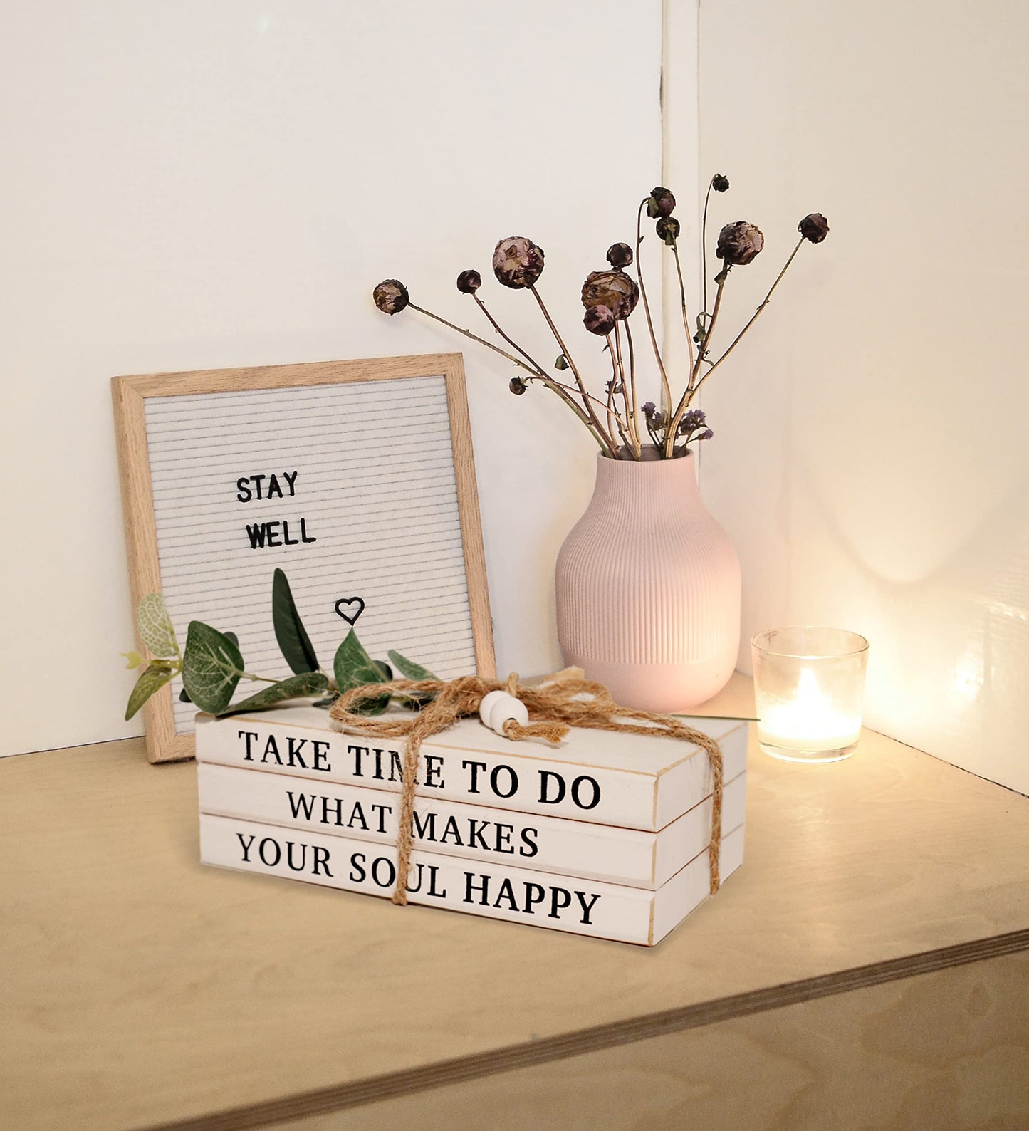 LARAINEIK 3 Pieces Wooden Decorative White Books, Rustic Farmhouse Faux Books for Coffee Table Shelves with Wood Bead Tassels and Leaves, 7'x 4.6'x 2.5' (Take Time to Do, What Makes, Your Soul Happy)