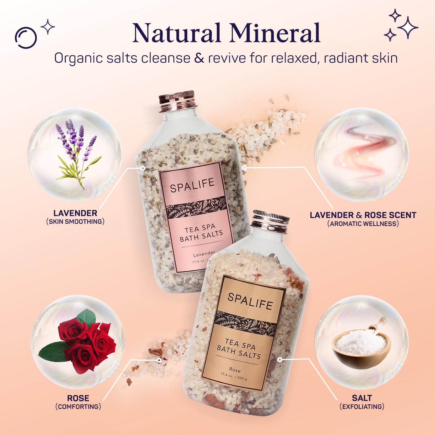 SpaLife Effervescent Rose & Lavender Bath Salts for Women Relaxing | All Natural Aromatherapy Dead Sea Salt Bath Soak Duo | Real Flower Petals for Relaxing Mineral Baths | 2-Pack (35.2 oz)