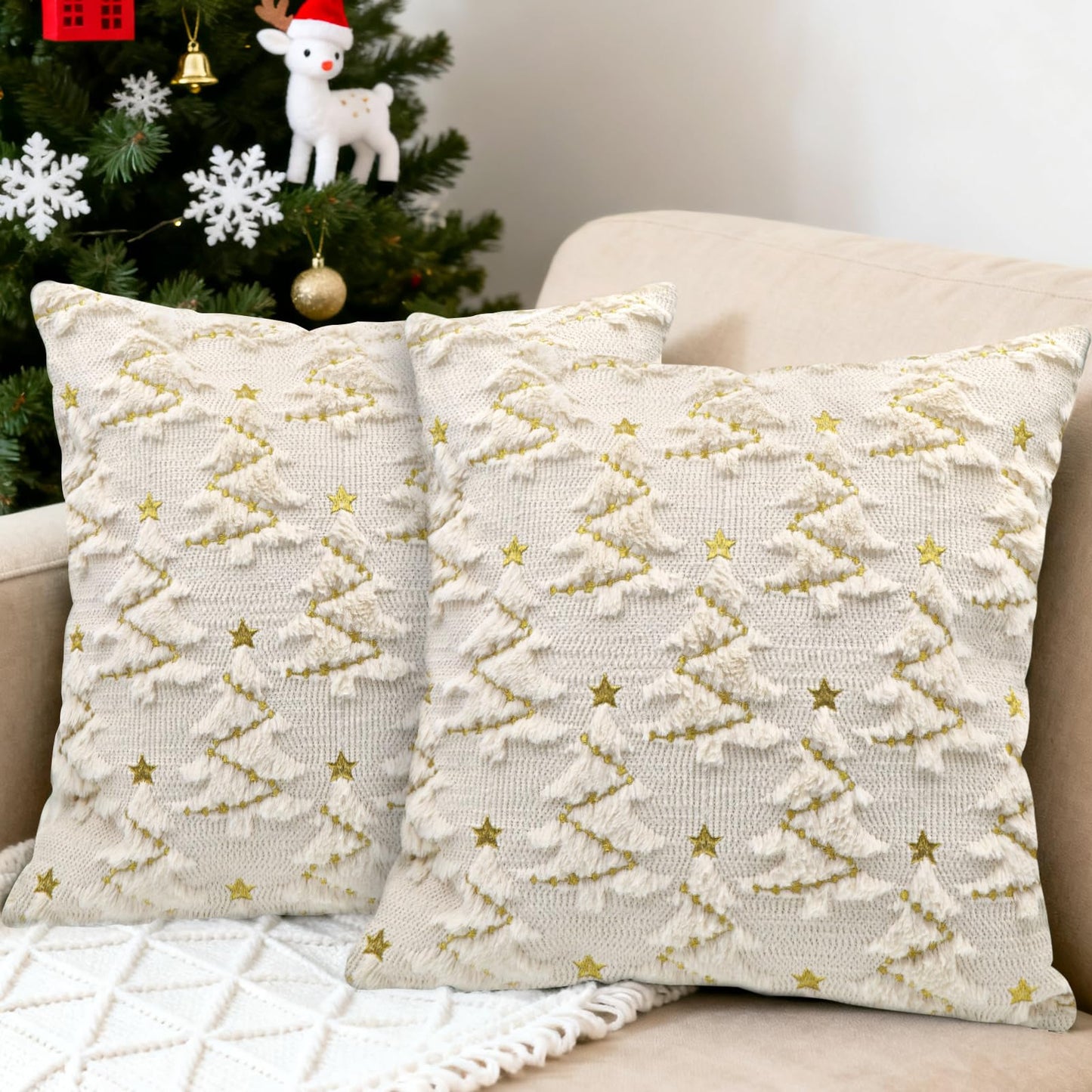 YIOTJUNL Christmas Pillow Covers 18x18 Set of 2 Soft Plush Embroidered Cushion Covers Decorative Gold Star Beige Christmas Tree Throw Pillow Cases Decorations for Winter Holiday Sofa Home Decor