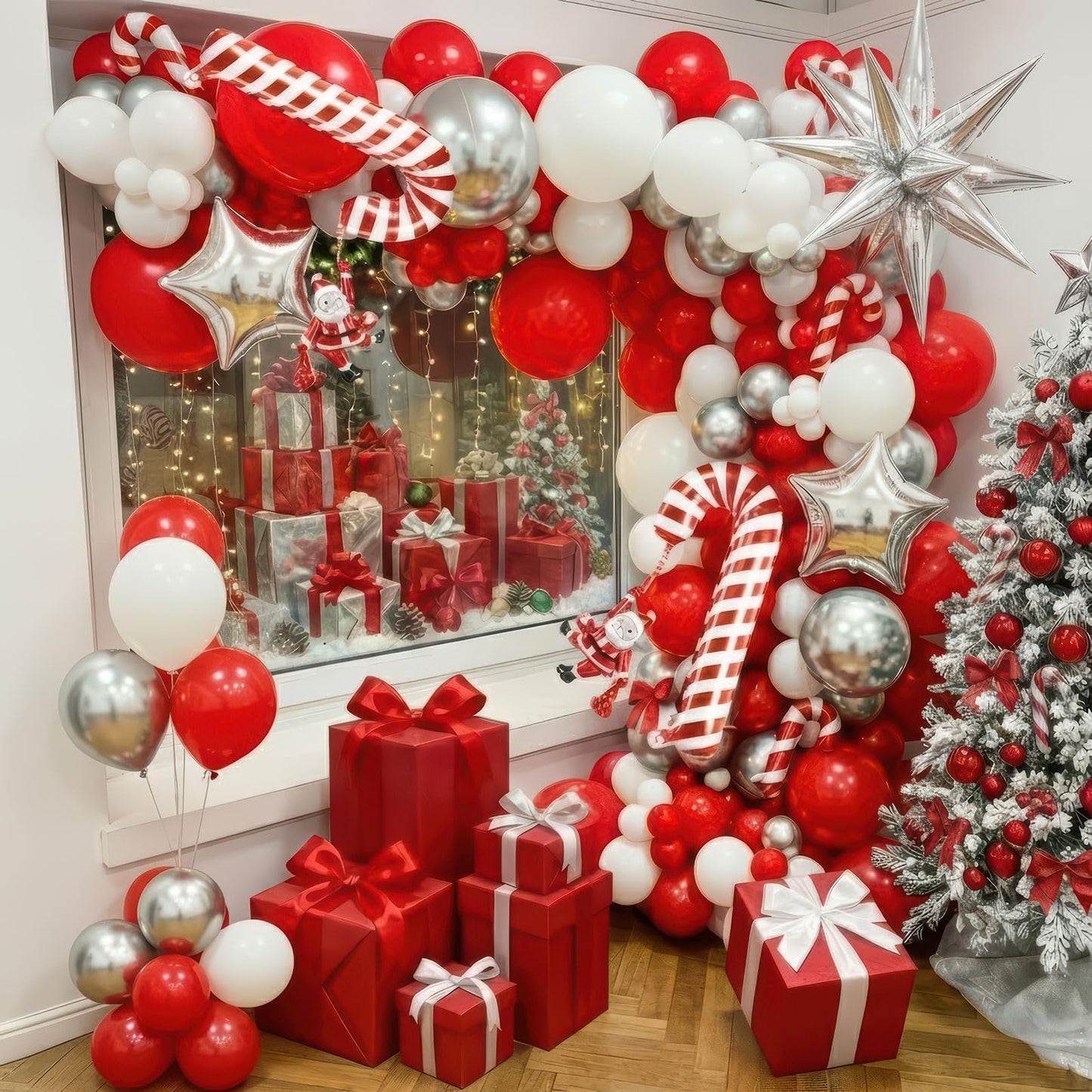 Red Christmas Party Decorations with Balloon Garland Arch Kit & Red White Silver Cane Candy Explosion Star Foil Balloons for Winter Xmas New Year eve Birthday Decorations