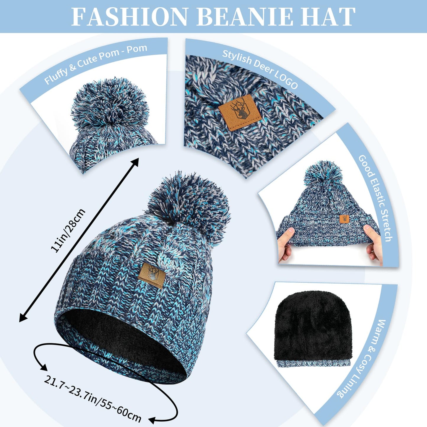Womens Winter Warm Beanie Hat Touchscreen Gloves Lone Neck Scarf Set with Fleece Lined Pom Skull Cap Gift for Women 3PCS