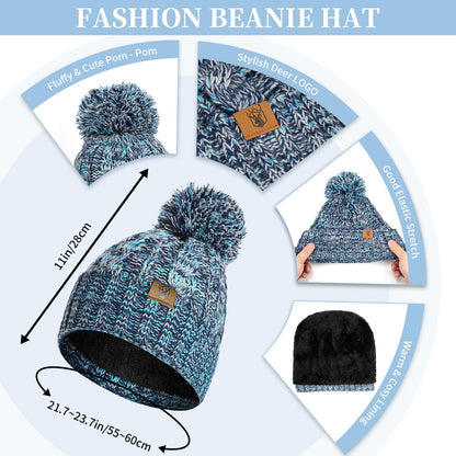 Womens Winter Warm Beanie Hat Touchscreen Gloves Lone Neck Scarf Set with Fleece Lined Pom Skull Cap Gift for Women 3PCS