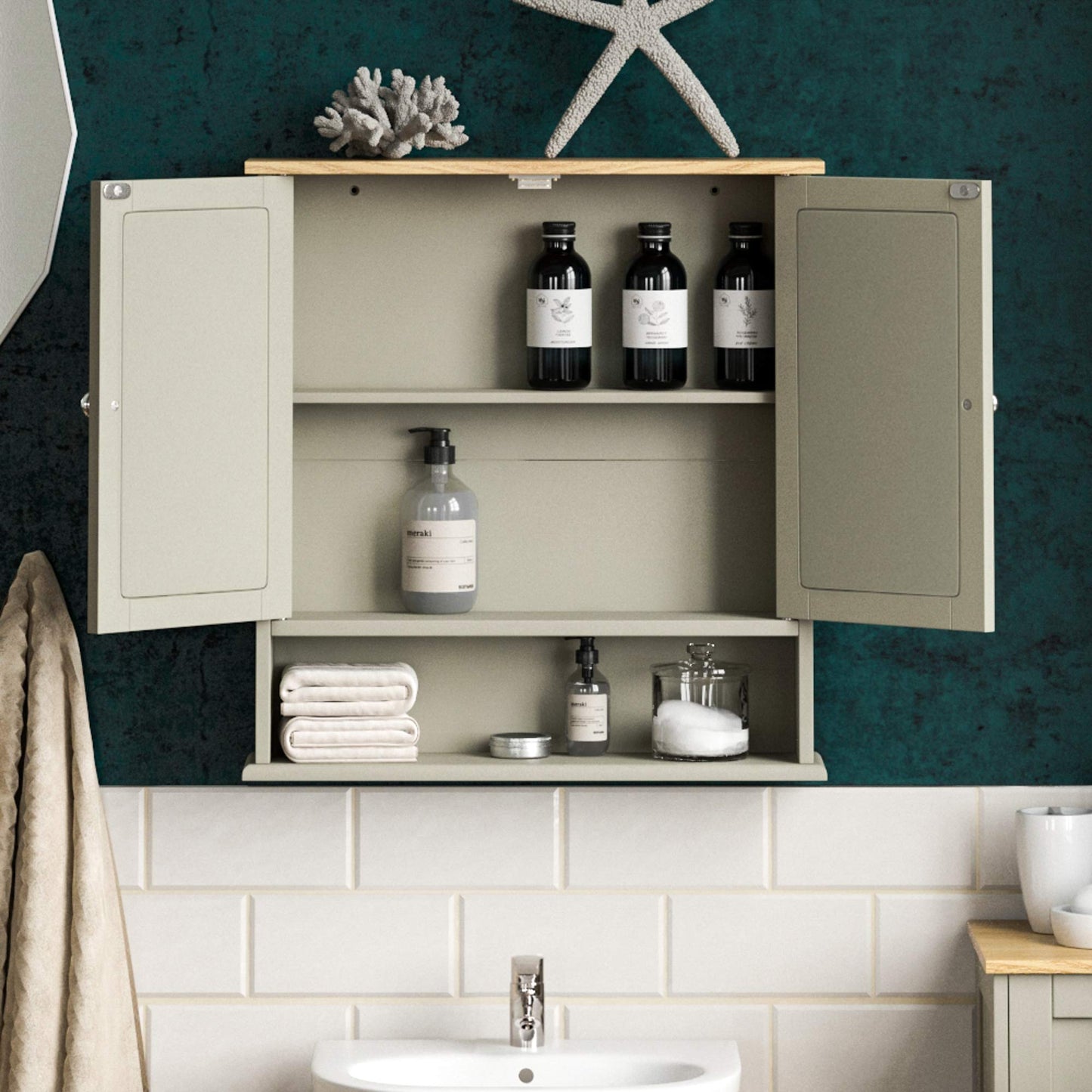 Bath Vida Priano Double Door Bathroom Cabinet, Wood, Grey & Oak, Mirrored Wall Mounted Storage Furniture
