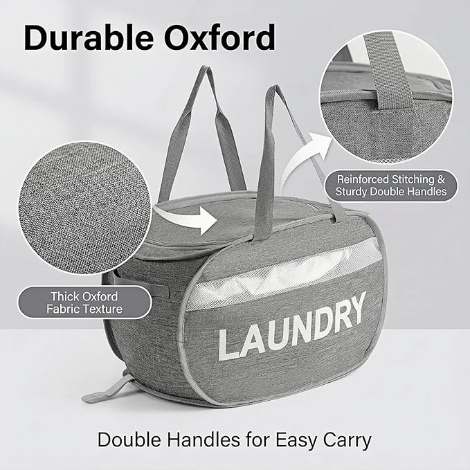 Foldable Laundry Basket with Lid, Oxford Cloth Reinforced Steel Ring